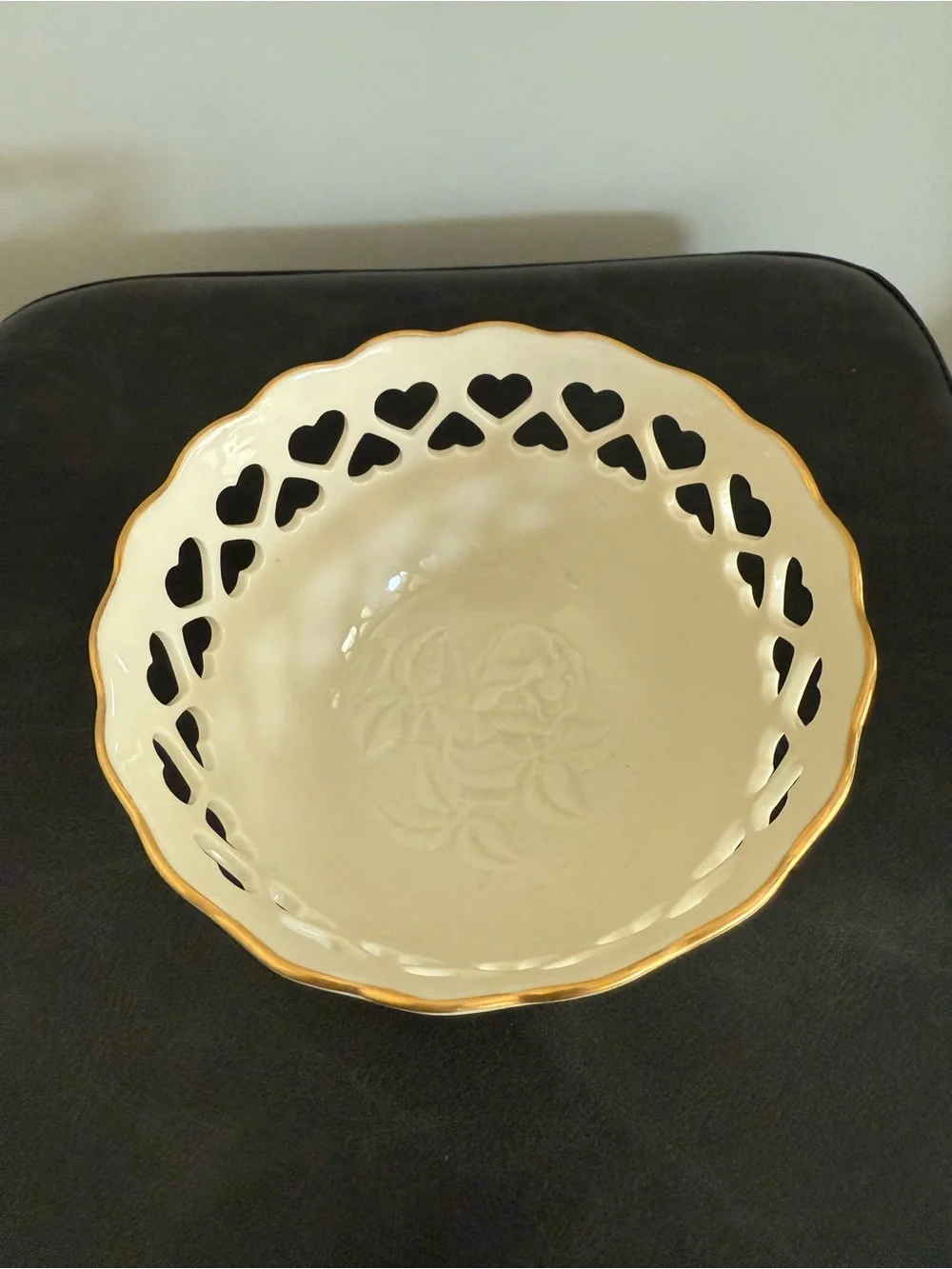Lenox Cream Ceramic Bowl with Gold Rim and Heart Cutouts